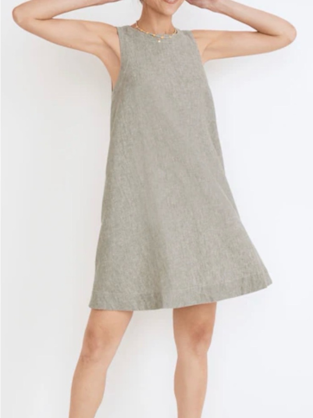 Linen-Cotton Tank Mini Dress in Light Olive with Buttons up the Back
